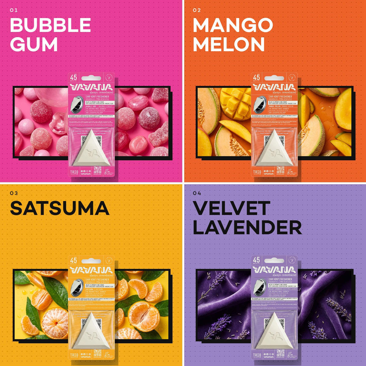 Trıo koku seçenekleri: Bubble Gum, Mango Melon, Satsuma, Velvet Lavender